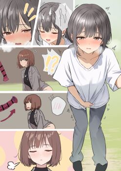  !? 1boy 2girls animal_penis bar_censor black_hair bottomless brown_hair censored clothed_sex cum erection fellatio female_masturbation horse horse_penis huge_penis japanese_text masturbation medium_hair multiple_girls oral original partially_undressed penis penis_grab speech_bubble thought_bubble twintails 