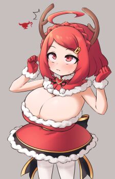  1girl ? ahoge antlers armpit_peek black_bow black_trim blush bow braid breasts christmas cleavage crown_braid detached_collar dress frills gloves grey_background hair_ornament hairclip huge_ahoge looking_up oppai_loli original pldf red_dress red_eyes red_gloves red_hair reindeer_antlers short_hair solo sweatdrop thighhighs white_thighhighs 