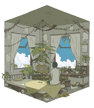  1girl bed black_hair blanket blue_sky bob_cut bookshelf cloud commentary_request curtains day desk diorama from_behind green_pants grey_shirt hand_up hanging_light highres indoors limited_palette ma_(mamamauuuuu) messy_room on_bed open_window original pants pillow plant potted_plant rabbit_ears_antenna rug shirt shoes short_hair short_sleeves sitting sky slice_of_life slippers solo stool television unworn_shoes wide_shot window wooden_stool 