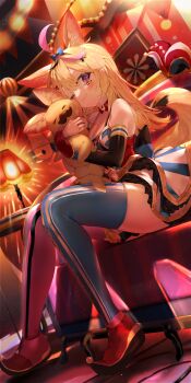  1girl absurdres animal_ear_fluff animal_ears black_streaks blonde_hair blue_thighhighs closed_mouth dress fox_ears fox_girl fox_tail heart heart-shaped_pupils highres hololive jester_shoes kou_mashiro looking_at_viewer multicolored_hair official_artist_extra omaru_polka omaru_polka_(1st_costume) one_eye_closed pink_streaks purple_eyes red_dress red_shoes red_thighhighs shoes solo streaked_hair symbol-shaped_pupils tail thighhighs virtual_youtuber zain_(omaru_polka) 