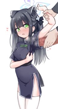  1boy 1girl absurdres animal_ears arm_up armpit_sex black_hair black_ribbon blue_archive blue_dress blush breasts cat_ears censored china_dress chinese_clothes dress erection eyelashes feet_out_of_frame green_eyes hair_ornament hair_ribbon halo highres holding_another's_arm large_penis loli mosaic_censoring open_mouth out_of_frame penis ribbon short_dress short_sleeves shun_(blue_archive) shun_(small)_(blue_archive) side_slit sidelocks simple_background small_breasts sota sweatdrop thighhighs twintails white_background white_thighhighs  rating:Explicit score:99 user:danbooru