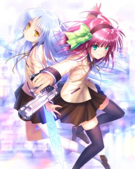  2girls angel_beats! beretta_92 black_hairband black_skirt black_thighhighs blunt_bangs bow closed_mouth commentary_request eyes_visible_through_hair fighting_stance floating_hair foreshortening full_body goto_p green_bow green_eyes grey_hair gun hair_bow hairband hand_sonic handgun highres holding holding_gun holding_weapon jacket kneehighs legs long_hair looking_at_viewer medium_hair miniskirt multiple_girls nakamura_yuri neck_ribbon official_alternate_costume outstretched_arms photoshop_(medium) pleated_skirt purple_hair ribbon school_uniform sidelocks simple_background skirt smile socks tachibana_kanade thighhighs weapon white_background white_socks yellow_eyes yellow_jacket yellow_ribbon zettai_ryouiki 