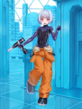  :d ahoge ambiguous_gender black_bodysuit bodysuit cocytus_(wind_master) commentary_request covered_navel full_body grey_hair highres holding_tool jumpsuit jumpsuit_around_waist looking_at_viewer multicolored_bodysuit nut_(hardware) open_mouth orange_jumpsuit original purple_bodysuit red_eyes short_hair skin_tight smile solo two-tone_bodysuit 