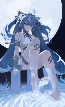  1girl absurdres ahoge armlet barefoot blue_eyes blue_hair breasts cleavage closed_mouth commentary feet full_moon gold_bra highres iuno_(wuthering_waves) jewelry join4823 knees_up laurel_crown leg_wrap long_hair looking_at_viewer medium_breasts moon multicolored_hair sitting smile solo streaked_hair thighlet toes twintails vambraces very_long_hair wuthering_waves 