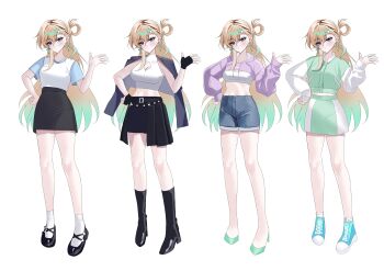 1girl absurdres alternate_costume black_boots black_gloves black_jacket black_shoes black_skirt blonde_hair blue_eyes blush boots breasts cleavage_cutout clothing_cutout commentary_request crop_top denim denim_shorts earrings fingerless_gloves full_body gloves gradient_hair green_hair green_jacket green_skirt hair_between_eyes hand_on_own_hip hand_up highres jacket jacket_on_shoulders jewelry kirat_kr letterman_jacket long_sleeves looking_at_viewer lynae_(wuthering_waves) medium_breasts multicolored_hair multiple_views pink_shrug shirt shoes shorts shrug_(clothing) simple_background skirt socks star_(symbol) star_earrings waving white_background white_shirt white_socks wuthering_waves 