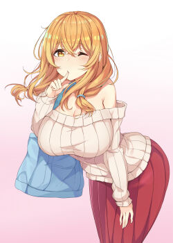  1girl bare_shoulders blonde_hair blue_bag breasts brown_sweater cleavage commentary_request cowboy_shot crossed_bangs finger_to_mouth gradient_background hair_between_eyes highres ji_dan large_breasts leaning_forward long_hair long_sleeves looking_at_viewer off-shoulder_sweater off_shoulder one_eye_closed pink_background red_skirt ribbed_sweater shushing skirt solo standing sunohara_ayaka sunoharasou_no_kanrinin-san sweater white_background yellow_eyes 