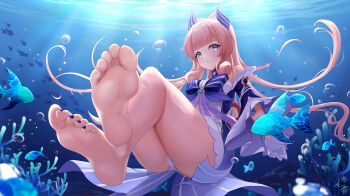 1girl absurdres air_bubble arayuki_(sakurafubuki) bare_legs bare_shoulders barefoot blue_bow blue_eyes blue_nails blunt_bangs bow bubble cameltoe commentary_request coral crossed_ankles detached_sleeves feet female_focus fish floating_hair foot_focus foreshortening full_body genshin_impact gloves hair_ornament highres long_hair looking_at_viewer nail_polish parted_lips pink_hair sangonomiya_kokomi shorts soles solo toenail_polish toenails toes underwater vision_(genshin_impact) white_gloves white_shorts wide_sleeves rating:Questionable score:172 user:danbooru