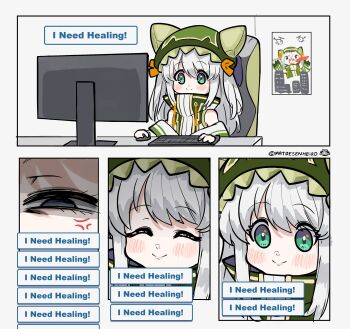  1girl absurdres anger_vein angry blush computer computer_keyboard computer_mouse female_focus green_eyes green_hat green_jacket hair_ribbon hat highres jacket jisaki_jira long_hair mat_(matdesenheiro) monitor multicolored_jacket narrowed_eyes orange_ribbon overwatch poster_(object) ribbon smile solo video_game virtual_youtuber vspo! vspo!_en white_hair white_jacket  rating:General score:3 user:Venjoyer3