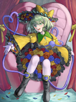  1girl ao_hoshi black_boots black_hat black_trim blue_flower blue_petals blue_rose boots bow breasts buttons chair commentary_request curtains diamond_button dot_nose eyeball floral_print flower frilled_shirt_collar frilled_skirt frilled_sleeves frills green_eyes green_hair hat hat_ribbon heart heart_of_string highres komeiji_koishi light_blush long_sleeves looking_at_viewer on_chair open_hand open_mouth orange_flower orange_rose outstretched_arm petals red_flower red_petals red_rose ribbon rose rose_print shirt short_hair sitting skirt small_breasts solo straight-on third_eye touhou upskirt wide_sleeves yellow_bow yellow_flower yellow_petals yellow_ribbon yellow_rose yellow_shirt 