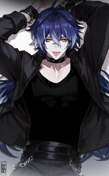  1boy absurdres black_choker black_pants black_shirt blue_hair chain choker commentary english_commentary flins_(genshin_impact) genshin_impact highres long_hair long_sleeves male_focus moonimu_art multicolored_hair muscular nipple_bar nipple_piercing nipples open_clothes open_shirt pants piercing shirt solo stomach streaked_hair tongue tongue_out yellow_eyes 