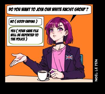  1girl 2026 amelia_(pathways) animification arm_rest artist_name black_border blush bob_cut border cup english_text gameplay_mechanics gesture hand_up highres jacket light_smile mole mole_under_eye noelelepen orange_background parted_lips pathways_(game) purple_eyes purple_hair purple_jacket racism saucer short_hair solo speech_bubble tea union_jack  rating:Sensitive score:11 user:tyciol