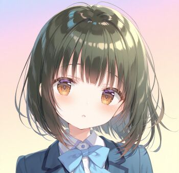  1girl commentary_request green_hair highres it_shzk kin-iro_mosaic looking_at_viewer oomiya_shinobu open_mouth red_eyes school_uniform short_hair solo upper_body 
