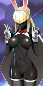  1girl aeda_type-g auto_guard_system bad_id bad_pixiv_id black_skin bow bowtie breasts colored_skin double_v faceless fishnets gloves highres jazz_jack last_origin navel rabbit_ears robot shiny_skin signature solo thighhighs v  rating:Questionable score:20 user:Rikko-43