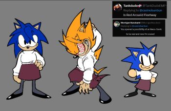  3boys :3 @_@ arcueid_brunestud arcueid_brunestud_(cosplay) black_pantyhose black_shoes blue_fur casinobunbun chibi cosplay crazy_eyes crazy_smile crossdressing crossdressing_(mtf) dark_persona evil_grin evil_smile fingernails fleetway_super_sonic furry furry_male grin hair_between_eyes hands_on_own_hips looking_at_viewer male_focus melty_blood multiple_boys multiple_persona neco_spirit pantyhose purple_skirt red_arcueid red_arcueid_(cosplay) red_eyes sharp_fingernails sharp_teeth shoes skirt smile sonic_(series) sonic_the_hedgehog super_sonic sweater tail teeth tsukihime turtleneck turtleneck_sweater white_sweater yellow_fur 
