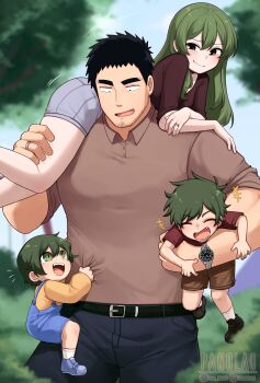  1boy 1girl 2others absurdres belt black_hair blush carrying carrying_over_shoulder carrying_person collared_shirt commentary english_commentary facial_hair green_eyes green_hair highres husband_and_wife if_they_mated igarashi_futaba laughing medium_hair multiple_others muscular muscular_male outdoors overalls panqlao senpai_ga_uzai_kouhai_no_hanashi shirt short_hair shorts smile stubble takeda_harumi  rating:Sensitive score:16 user:danbooru