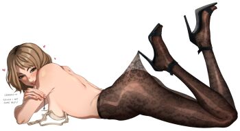  1girl absurdres aqua_eyes ashley_graham ass back black_pantyhose black_shoes blush bra breasts brown_hair brown_pantyhose clothes_pull commentary crossed_arms english_commentary english_text feet_up full_body green_eyes heart high_heels highres lace lace_pantyhose lace_pantyhose_hooked_on_heel_(meme) looking_at_viewer lying medium_breasts meme on_stomach open_bra pantyhose peppr_n'_salt pink_nails platform_heels platform_shoes resident_evil resident_evil_4 resident_evil_4_(remake) shoes short_hair sideboob simple_background smile solo strappy_heels the_pose underwear unfastened white_background white_bra 