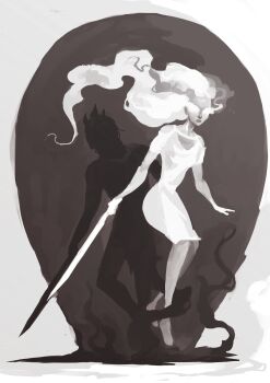  1girl 1other absurdres back-to-back different_shadow dress floating floating_hair full_body highres holding holding_sword holding_weapon horns knees_up long_hair mask nephis_(shadow_slave) shadow_slave skartling smoke sunny_(shadow_slave) sword tiptoes weapon white_dress white_hair 