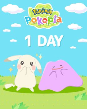  cloud cloudy_sky copyright_logo countdown ditto gen_1_pokemon grass highres logo nintendo official_art peakychu pikachu pokemon pokemon_(creature) pokemon_pokopia promotional_art shadow sky sparkle 