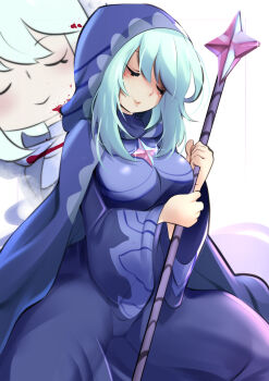  1girl absurdres alternate_breast_size_(larger) animahakim blessing_of_the_welkin_moon blood blood_on_face blood_splatter blue_cloak blue_dress blue_hair blush breasts cloak closed_mouth commentary dress english_commentary genshin_impact glint hair_between_eyes head_tilt highres holding holding_staff hood hood_up hooded_cloak huge_breasts light_smile long_sleeves pink_lips primogem short_hair sitting skin_tight solo spread_legs staff swept_bangs thick_lips thick_thighs thighs upper_body wariza wide_sleeves 