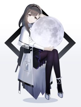  1girl absurdres arknights black_hairband black_pantyhose brown_eyes brown_hair closed_mouth coat commentary fingernails full_body full_moon gradient_background grey_background grey_shoes hairband highres holding holding_moon invisible_chair knees_together_feet_apart lab_coat long_sleeves medium_hair moon nishimiya_aki pantyhose pink_pupils priestess_(arknights) shoes sitting smile solo turtleneck white_background white_coat 