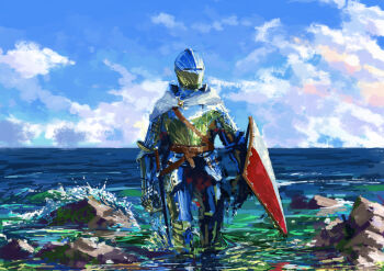  1other absurdres ambiguous_gender armor blue_sky cloud commentary couter cuirass cuisses day faulds full_armor gauntlets greaves hammk helmet highres knight ocean original outdoors plate_armor poleyn rerebrace ripples rock shield sky splashing sword tassets untranslatable_commentary wading weapon 