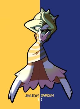  blue_background colored_skin dress gardevoir gen_3_pokemon green_hair highres looking_at_viewer nintendo pokemon pokemon_(creature) sketchygarden the_dress_(meme) white_dress white_skin yellow_background yellow_dress yellow_eyes 