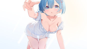  1girl :o all_fours bare_legs bare_shoulders barefoot blue_eyes blue_hair blush breasts cleavage collarbone commentary_request downblouse dress hair_between_eyes hair_ornament hair_ribbon hanging_breasts highres large_breasts looking_at_viewer medium_breasts naiyoubuding nightgown no_bra off-shoulder_dress off_shoulder open_mouth pink_ribbon re:zero_kara_hajimeru_isekai_seikatsu reaching reaching_towards_viewer rem_(re:zero) ribbon see-through_clothes see-through_silhouette short_hair short_sleeves simple_background solo thigh_gap white_background white_dress x_hair_ornament 
