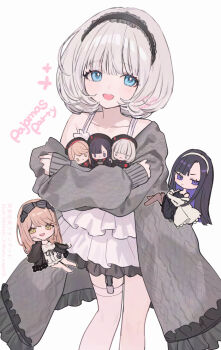  3girls absolute_(nikke) alternate_costume black_hair black_headband blue_eyes brown_hair character_doll chibi cowboy_shot doll dot_nose emma_(nikke) eunhwa_(nikke) frilled_headband garter_straps goddess_of_victory:_nikke grey_hair hashtag-only_commentary headband light_blush multiple_girls open_mouth pajamas shugao single_garter_strap single_thighhigh smile standing thighhighs vesti_(nikke) white_background white_thighhighs 