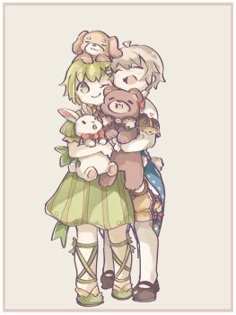  2girls :d ;) ahoge animal animal_on_head ankle_lace-up bear black_shoes border bow bowtie chigu closed_eyes closed_mouth commentary_request dog dress full_body green_dress green_eyes green_hair green_shoes grey_background grey_hair highres holding holding_animal multiple_girls on_head one_eye_closed open_mouth original pantyhose pantyhose_under_shorts rabbit red_bow red_bowtie shoes short_hair short_sleeves shorts simple_background smile standing striped_clothes striped_dress thick_eyebrows vertical-striped_clothes vertical-striped_dress white_border yellow_shorts 