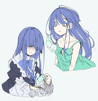  2girls bags_under_eyes black_dress black_sleeves blue_bow blue_bowtie blunt_bangs bow bowtie closed_mouth color_connection commentary company_connection creator_connection crossover dress expressionless eye_color_connection frederica_bernkastel furude_rika gothic_lolita green_dress grey_background hair_between_eyes hair_color_connection hairstyle_connection hashtag-only_commentary highres higurashi_no_naku_koro_ni hime_cut holding in-franchise_crossover kakera lolita_fashion long_hair long_sleeves looking_at_object messy_hair multiple_girls open_mouth parted_lips partially_shaded_face puffy_sleeves purple_eyes purple_hair single_off_shoulder sleeveless sleeveless_dress spaghetti_strap strap_slip sundress sweater_701 umineko_no_naku_koro_ni white_sleeves 