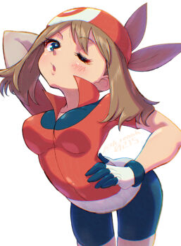  1girl arm_behind_head bike_shorts blue_eyes blush breasts brown_hair gloves h_renah half-closed_eye hand_on_own_hip highres large_breasts leaning_forward legs may_(pokemon) model_pose nintendo one_eye_closed pokemon pokemon_rse puckered_lips seductive_gaze shirt short_hair solo thighs 