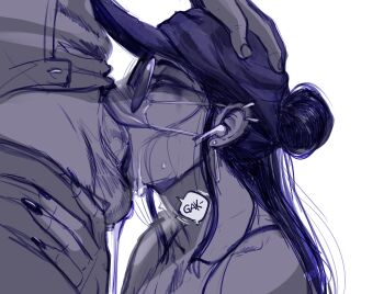  1boy 1girl airpods baseball_cap close-up clothes_pull commentary cum cum_overflow deepthroat ear_piercing earrings fellatio fellatio_under_mask fingernails from_side greyscale hair_bun hair_through_headwear hand_on_another's_head hat head_grab hetero highres irrumatio jewelry long_fingernails long_hair makeup mask mask_lift monochrome mouth_mask nagainosfw oral original pants pants_pull piercing runny_makeup saliva single_hair_bun solo_focus sunglasses surgical_mask teardrop_earrings testicles throat_bulge uncensored untranslatable_commentary wireless_earphones 