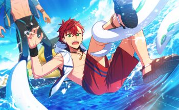  2boys day green_eyes helios_rising_heroes highres hood jacket jewelry male_focus male_swimwear multiple_boys necklace ocean official_art open_clothes open_jacket open_mouth otori_akira outdoors red_hair sandals sky swim_trunks teeth tentacles upper_teeth_only water wristband 