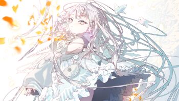 1girl bird blurry cropped depth_of_field dress grey_hair hair_ornament hasumi_sahiro highres jacket long_hair multicolored_hair pale_skin pink_hair sa_jitsu shirt skirt standing vee_(vtuber) very_long_hair virtual_youtuber wallpaper_forced white_hair white_theme