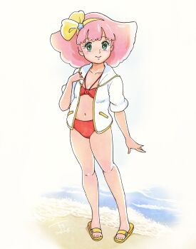  1girl bad_tag barefoot beach bikini blunt_bangs blush bow collarbone dated green_eyes hair_bow hairband highres kujira_gunsou looking_at_viewer mahou_no_princess_minky_momo minky_momo navel open_clothes open_shirt pink_hair red_bikini shirt short_hair signature slippers smile solo swimsuit water white_shirt yellow_bow yellow_hairband 