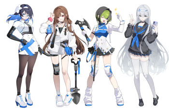  4girls ;d adcd arm_up armband asymmetrical_sleeves axe black_choker black_gloves black_hair black_necktie black_sailor_collar black_serafuku black_shirt black_shoes black_skirt blue-framed_eyewear blue_eyes blue_hair blue_neckerchief blue_shirt boots breasts brown_hair brown_pantyhose cellphone choker collared_shirt elbow_gloves flower frilled_skirt frills glasses gloves green_hair grey_eyes grey_hair hair_between_eyes hair_flower hair_intakes hair_ornament hairband hairclip half-jacket hand_on_own_hip high_heel_boots high_heels highres holding holding_axe holding_knife holding_phone jacket knee_pads knife loafers long_hair long_sleeves looking_at_viewer loose_socks medium_breasts multicolored_hair multiple_girls neckerchief necktie one_eye_closed open_mouth original pantyhose parted_lips phone pleated_skirt puffy_long_sleeves puffy_sleeves purple_eyes red_eyes safety_pin sailor_collar school_uniform serafuku shirt shoes short_sleeves shovel simple_background skirt small_breasts smile socks sparkle standing thighhighs tie_clip two-tone_hair v very_long_hair white_background white_boots white_flower white_gloves white_hairband white_jacket white_shirt white_shoes white_skirt white_socks white_thighhighs x_hair_ornament 