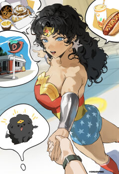  1girl absurdres artist_name bare_shoulders black_hair blue_eyes boots bracer breasts circlet curly_hair dc_comics dog drink earrings food food_focus grabbing_another's_arm highres hot_dog jewelry large_breasts park_ongjol red_boots shorts star_(symbol) star_earrings superhero_costume tiara watch wonder_woman wonder_woman_(series) wristwatch 