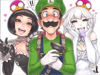  ! !! 1boy 2girls :d bare_shoulders black_hair blue_eyes blush breasts chain chain_leash cleavage collar collarbone elbow_gloves facial_hair gloves green_hat green_shirt hat heart heart-shaped_pupils holding large_breasts leash luigi luigi's_mansion mario_(series) metal_collar multiple_girls mustache nintendo omar_dogan open_mouth princess_chain_chomp princess_king_boo sharp_teeth shirt short_hair smile spoken_exclamation_mark super_crown sweat symbol-shaped_pupils teeth tongue tongue_out white_gloves white_hair 