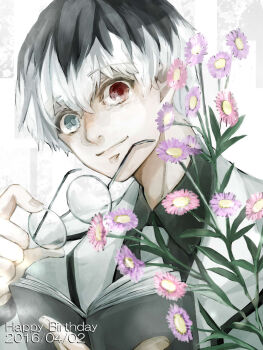  1boy black_hair black_shirt blue_eyes book closed_mouth collared_shirt commentary_request dated flower hair_between_eyes happy_birthday heterochromia highres holding holding_book holding_removed_eyewear kaneki_ken long_sleeves looking_at_viewer male_focus multicolored_hair necktie open_book pink_flower portrait purple_flower red_eyes rimless_eyewear sasaki_haise shirt shishi_(eai_make) short_hair smile solo tokyo_ghoul tokyo_ghoul:re two-tone_hair unworn_eyewear white_background white_hair white_necktie 