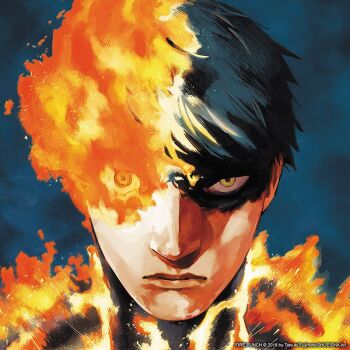  1boy agni_(fire_punch) artist_name black_hair blue_background burn_scar closed_mouth copyright_name cover cover_page english_text fire fire_punch fujimoto_tatsuki looking_at_viewer male_focus manga_cover official_art portrait scar second-party_source short_hair solo yellow_eyes 