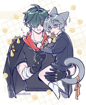  2boys :p aged_down ahoge animal_ears artist_name bandaged_arm bandages black_gloves black_jacket black_shirt blush blush_stickers candy carrying cat_boy cat_ears cat_tail child commentary_request cropped_torso crossed_bangs flying_sweatdrops food gloves green_eyes green_hair grey_hair grey_shirt grid_background grin hair_between_eyes hair_over_one_eye highres holding holding_candy holding_food holding_lollipop jacket jacket_on_shoulders jewelry lapels layered_sleeves leather leather_jacket lighter_(zenless_zone_zero) lollipop long_sleeves looking_at_another looking_at_viewer male_focus multiple_boys multiple_scars necklace one_eye_covered orange_ribbon parted_bangs paw_print red_scarf ribbon scar scar_on_arm scarf shirt short_hair short_over_long_sleeves short_sleeves smile socks spikes sunglasses sweatdrop t-shirt tail tail_ornament tail_ribbon tongue tongue_out twitter_username upper_body urouroshiro white_background white_socks wise_(zenless_zone_zero) zenless_zone_zero 