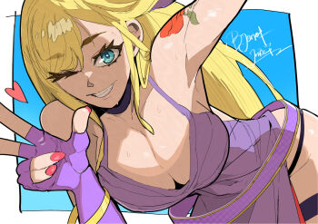  1girl arm_tattoo b._jenet backless_dress backless_outfit belt blonde_hair blue_eyes bracelet breasts choker cleavage dress fatal_fury fatal_fury:_city_of_the_wolves fingerless_gloves garou:_mark_of_the_wolves gloves gold_bracelet heart jinbei0608 large_breasts long_hair looking_at_viewer nail_polish one_eye_closed purple_dress rose_tattoo smile snk solo tattoo the_king_of_fighters thigh_strap 