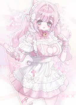 1girl animal_ears apron arm_belt bandaid bandaid_on_arm bear_hair_ornament bell blue_eyes blush bow bowtie breasts cat_ears cat_girl cat_tail center-flap_bangs choker cleavage cleavage_cutout clothing_cutout commentary_request commission cross detached_sleeves dress fang fish_hair_ornament frilled_apron frilled_choker frills hair_bow hair_intakes hair_ornament hairband hairclip hands_up heart heart_cutout highres large_breasts lolita_hairband looking_at_viewer neck_bell open_mouth original paw_pose pink_choker pink_dress pink_wrist_cuffs puffy_detached_sleeves puffy_sleeves second-party_source shishamosama single_thighhigh skeb_commission skin_fang skindentation solo star_(symbol) star_hair_ornament tail thank_you thigh_strap thighhighs twintails waist_apron white_bow white_thighhighs wrist_cuffs 