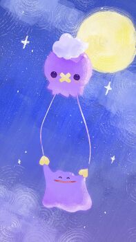 2others analogous_colors balloon bebird_draww blob cloud color_contrast colored_skin commentary_request ditto drifloon floating full_body full_moon gen_1_pokemon gen_4_pokemon hatching_(texture) highres holding holding_pokemon light_blush linear_hatching looking_at_another moon multiple_others night nintendo no_humans no_nose open_mouth pokemon pokemon_(creature) pokemon_focus pokemon_pokopia purple_eyes purple_skin sky smile solid_circle_eyes sparkle translation_request yellow_moon