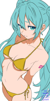  bikini blue_hair hatsune_miku highres pout swimsuit twintails white_background xel4 yellow_bikini  rating:Sensitive score:18 user:guhguhguh
