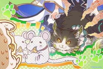  +_+ 2girls :3 =_= cat cheese commentary company_name eating ewiyar_(granblue_fantasy) fingernails food granblue_fantasy highres mouse_(animal) multiple_girls nervous_sweating official_alternate_costume paw_print pouncing sharp_fingernails sitting sweat wamdus_(granblue_fantasy) yellow_eyes 