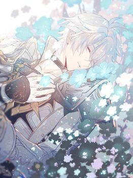  1boy antenna_hair aqueasirius armor black_choker black_shirt chinese_commentary choker closed_eyes coat commentary_request flower forget-me-not_(flower) hand_on_own_chest highres honkai:_star_rail honkai_(series) lying male_focus neck_tattoo on_side parted_bangs parted_lips pauldrons phainon_(honkai:_star_rail) shirt short_hair shoulder_armor single_pauldron sleeping solo sun_symbol sun_tattoo tan tattoo white_coat white_hair 