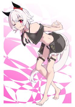  1girl absurdres animal_ears arms_behind_back bikini black_bikini blush bow breasts chia_ikaruga cleavage closed_mouth commentary_request curren_chan_(umamusume) ear_bow ear_covers full_body grey_hair hair_between_eyes highres horse_ears horse_girl horse_tail looking_at_viewer medium_breasts one_eye_closed red_bow red_eyes short_hair smile solo stretching striped_bikini striped_clothes swimsuit tail thigh_strap tongue tongue_out umamusume white_bikini 