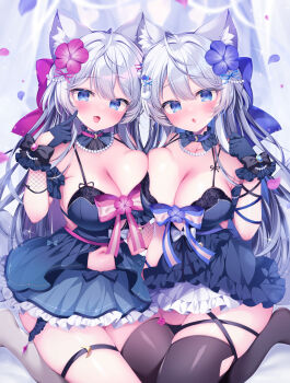  2girls :d absurdres ahoge animal_ear_fluff animal_ears asymmetrical_docking black_bra black_thighhighs blue_bow blue_dress blue_eyes blue_gloves blush borrowed_character bow bra breast_press breasts cleavage commentary_request commission double-parted_bangs dress fang flower fox_ears fox_girl frilled_dress frills gloves grey_hair hair_between_eyes hair_bow hair_flower hair_intakes hair_ornament hand_up highres kirimiya_tsurugi large_breasts long_hair looking_at_viewer multiple_girls open_mouth original pink_bow pink_flower purple_flower siblings sitting skeb_commission smile socks thigh_strap thighhighs tongue tongue_out twins underwear white_socks 