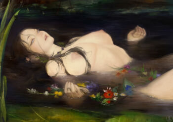  1girl arched_back black_hair blue_eyes breasts breasts_apart censored commentary completely_nude fine_art_parody floating flower forehead large_breasts long_hair lying nat_the_lich nipples novelty_censor nude on_back ophelia_(painting) original pale_skin pandora_acherona_(nat_the_lich) parody parted_lips solo water  rating:Questionable score:245 user:danbooru